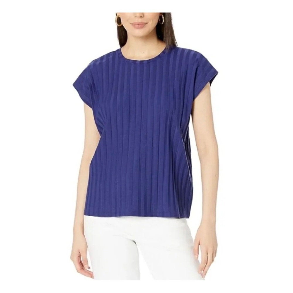Eileen Fisher Blue Crew Neck Ribbed Boxy Top Cap Sleeve Womens Size M Coastal